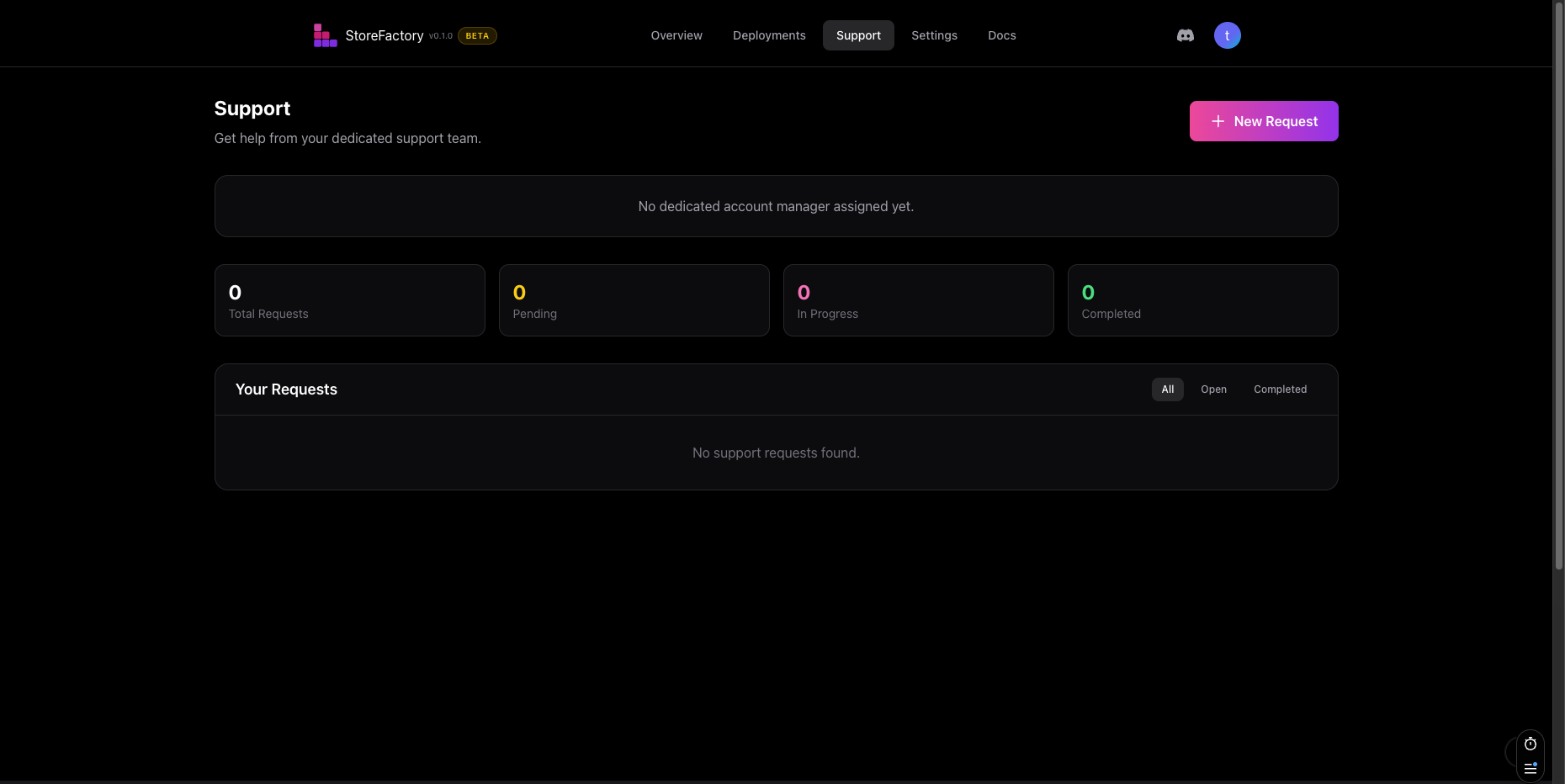 Support page with the New Request button and request categories.